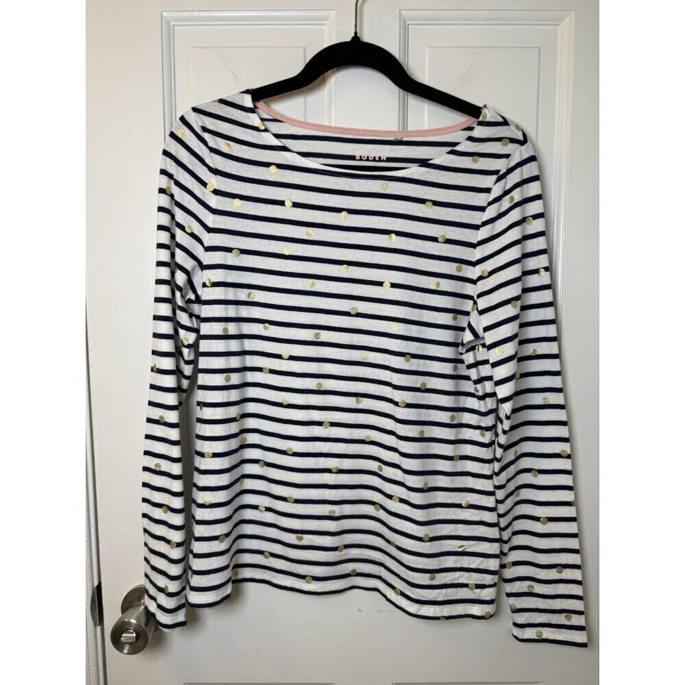 Boden Long Sleeve Striped Tee with Gold Glitter US 8 100% cotton NWOT